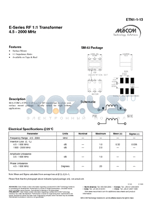 ETN1-1-13 datasheet - E-Series RF 1:1 Transformer 4.5 - 2000 MHz