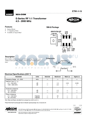 ETN1-1-13 datasheet - E-Series RF 1:1 Transformer 4.5 - 2000 MHz
