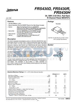 FRS430D datasheet - 3A, 500V, 2.52 Ohm, Rad Hard, N-Channel Power MOSFETs