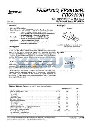 FRS9130D datasheet - 6A, -100V, 0.565 Ohm, Rad Hard, P-Channel Power MOSFETs