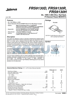 FRS9130R datasheet - 6A, -100V, 0.565 Ohm, Rad Hard, P-Channel Power MOSFETs