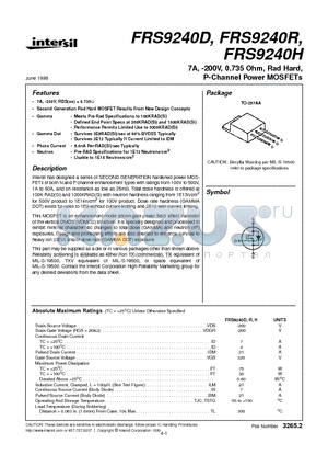 FRS9240H datasheet - 7A, -200V, 0.735 Ohm, Rad Hard, P-Channel Power MOSFETs