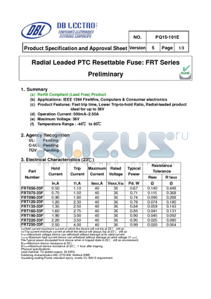FRT050-33F datasheet - Radial Leaded PTC Resettable Fuse: FRT Series Preliminary