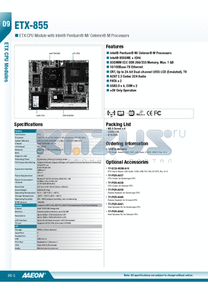 ETX-855 datasheet - Intel^ Pentium^ M/ Celeron^ M Processors