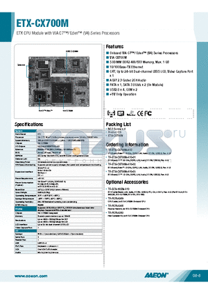 ETX-CX700M datasheet - Onboard VIA C7/ Eden (V4) Series Processors