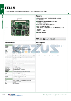 ETX-LN datasheet - ETX CPU Module with Onboard Intel Atom D525/N455/D425 Processor