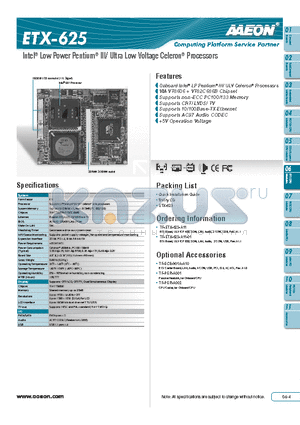 ETX-625 datasheet - Onboard Intel^ LP Pentium^ III/ ULV Celeron^ Processors