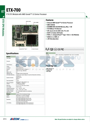 ETX-700 datasheet - ETX CPU Module with AMD Geode LX Series Processor
