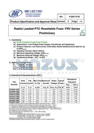 FRV040-240F datasheet - Radial Leaded PTC Resettable Fuse FRV Series Preliminary