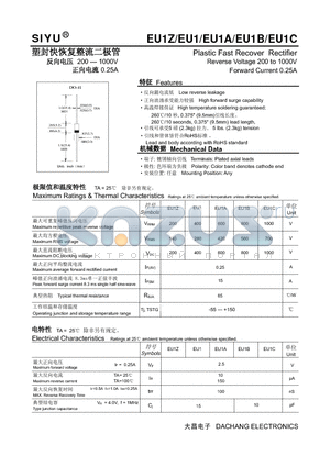 EU1 datasheet - Plastic Fast Recover Rectifier Reverse Voltage 200 to 1000V Forward Current 0.25A