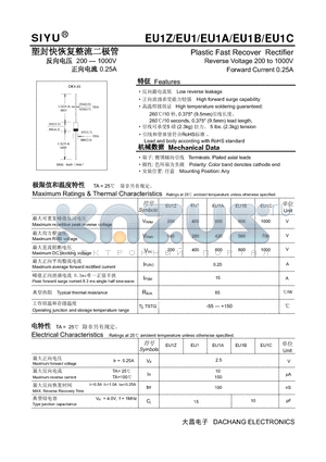 EU1B datasheet - Plastic Fast Recover Rectifier Reverse Voltage 200 to 1000V Forward Current 0.25A