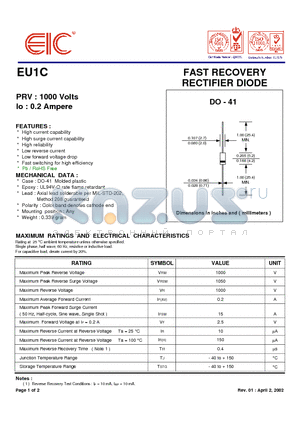 EU1C datasheet - FAST RECOVERY RECTIFIER DIODE