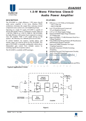 EUA2005 datasheet - 1.5-W Mono Filterless Class-D Audio Power Amplifier