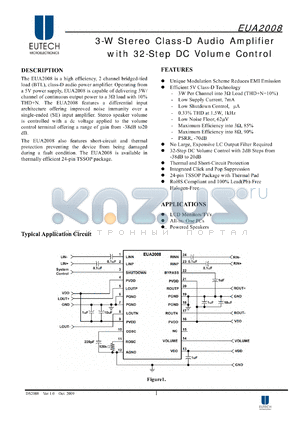 EUA2008 datasheet - 3-W Stereo Class-D Audio Amplifier with 32-Step DC Volume Control