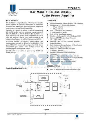 EUA2011 datasheet - 3-W Mono Filterless Class-D Audio Power Amplifier