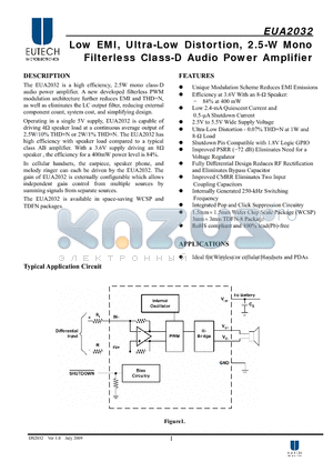 EUA2032 datasheet - Low EMI, Ultra-Low Distortion, 2.5-W Mono Filterless Class-D Audio Power Amplifier