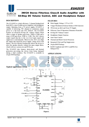 EUA2035 datasheet - 3W/CH Stereo Filterless Class-D Audio Amplifier with 64-Step DC Volume Control, AGC and Headphone Output