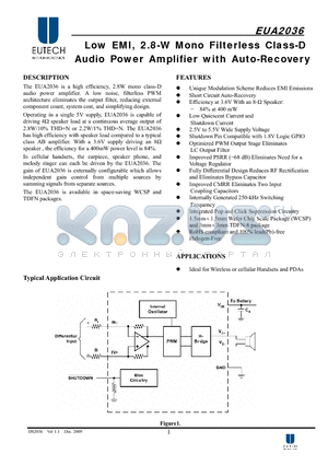 EUA2036 datasheet - Low EMI, 2.8-W Mono Filterless Class-D Audio Power Amplifier with Auto-Recovery