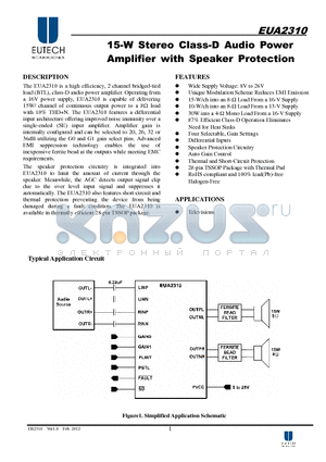 EUA2310 datasheet - 15-W Stereo Class-D Audio Power Amplifier with Speaker Protection