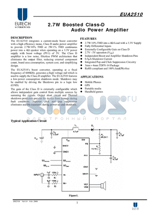EUA2510 datasheet - 2.7W Boosted Class-D Audio Power Amplifier