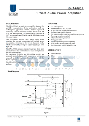 EUA4890A datasheet - 1 Watt Audio Power Amplifier