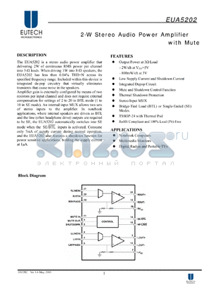 EUA5202 datasheet - 2-W Stereo Audio Power Amplifier with Mute