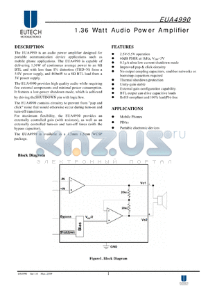 EUA4990 datasheet - 1.36 Watt Audio Power Amplifier