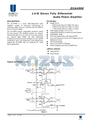 EUA4996 datasheet - 2.8-W Stereo Fully Differential Audio Power Amplifier