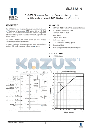 EUA6021A datasheet - 2.5-W Stereo Audio Power Amplifier with Advanced DC Volume Control