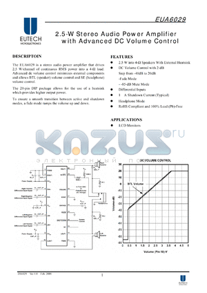 EUA6029 datasheet - 2.5-W Stereo Audio Power Amplifier with Advanced DC Volume Control