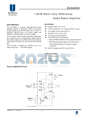 EUA6204 datasheet - 1.36-W Mono Fully Differential Audio Power Amplifier