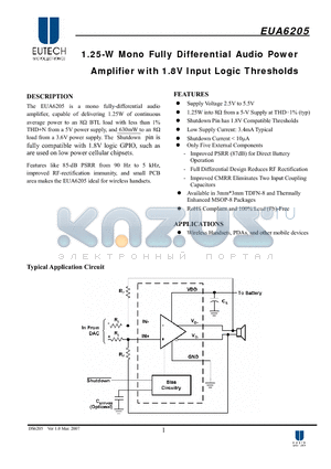 EUA6205 datasheet - 1.25-W Mono Fully Differential Audio Power Amplifier with 1.8V Input Logic Thresholds