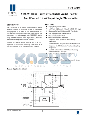 EUA6205JIR1 datasheet - 1.25-W Mono Fully Differential Audio Power Amplifier with 1.8V Input Logic Thresholds