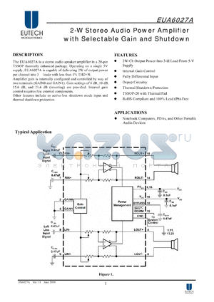 EUA6027A datasheet - 2-W Stereo Audio Power Amplifier with Selectable Gain and Shutdown