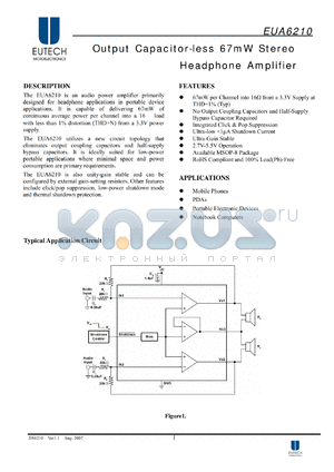 EUA6210 datasheet - Output Capacitor-less 67mW Stereo Headphone Amplifier