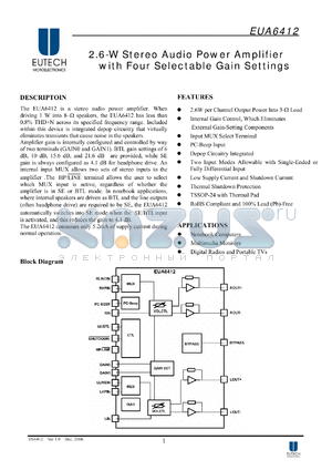 EUA6412 datasheet - 2.6-W Stereo Audio Power Amplifier with Four Selectable Gain Settings