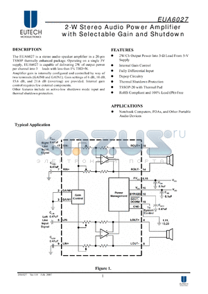 EUA6027QIR1 datasheet - 2-W Stereo Audio Power Amplifier with Selectable Gain and Shutdown