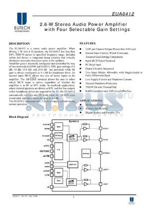 EUA6412QIT1 datasheet - 2.6-W Stereo Audio Power Amplifier with Four Selectable Gain Settings