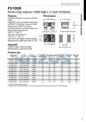 FS1008-103+ datasheet - Ferrite Chip Inductor 1008 High L