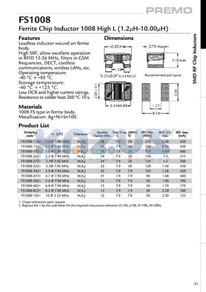 FS1008-152+ datasheet - Ferrite Chip Inductor 1008 High L