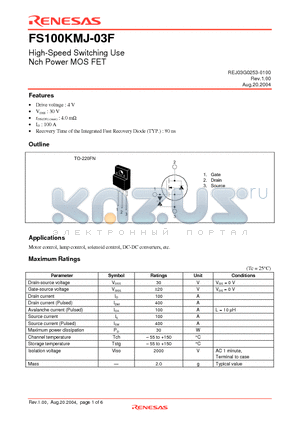 FS100KMJ-03F-A8 datasheet - High-Speed Switching Use Nch Power MOS FET