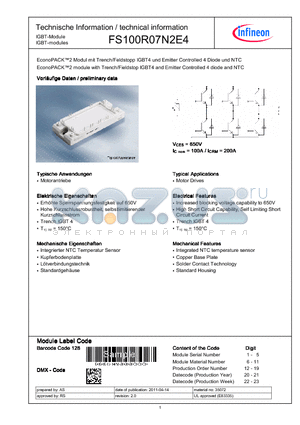 FS100R07N2E4 datasheet - EconoPACK2 module with Trench/Fieldstop IGBT4 and Emitter Controlled 4 diode and NTC