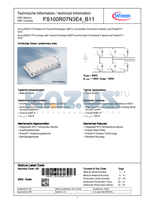 FS100R07N3E4_B11 datasheet - EconoPACK3 module with Trench/Fieldstop IGBT4 and Emitter Controlled 4 diode and PressFIT / NTC