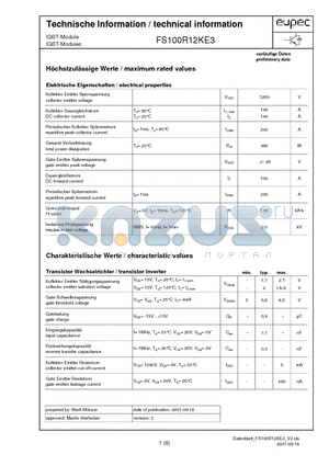 FS100R12KE3 datasheet - Technische Information / technical information