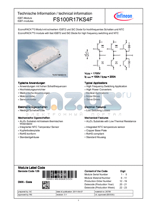 FS100R17KS4F datasheet - EconoPACK3 module with fast IGBT2 and SiC Diode for high frequency switching and NTC