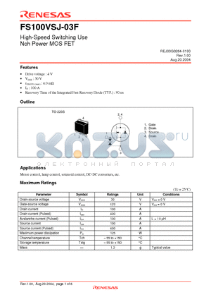 FS100VSJ-03F-A1 datasheet - High-Speed Switching Use Nch Power MOS FET