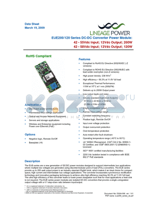 EUE200B41 datasheet - 42-55/42-58Vdc Input; 12Vdc Output; 200/120W