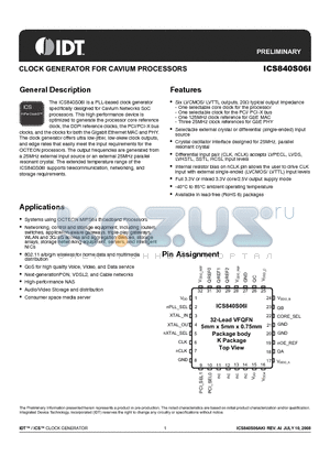 840S06AKILFT datasheet - CLOCK GENERATOR FOR CAVIUM PROCESSORS