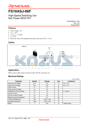 FS10ASJ-06F datasheet - High-Speed Switching Use Nch Power MOS FET