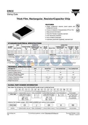 CRCC1206105F182MTF datasheet - Thick Film, Rectangular, Resistor/Capacitor Chip